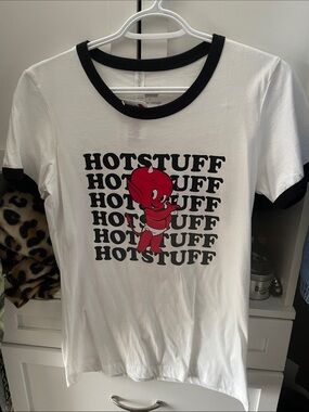 White & Black Ringer Tee with Red Devil Graphic - Hotstuff
